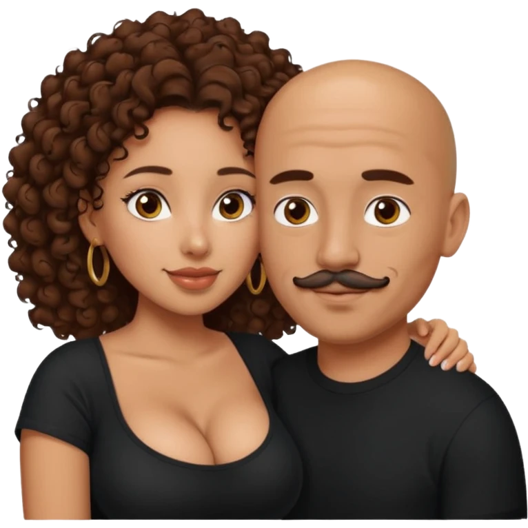 A mixed girl, the girl is wearing a black shirt, the girl has brown curly hair  and the girl has big boobs. A Mexican man is embracing her, with bald hair and a short mustache  emoji
