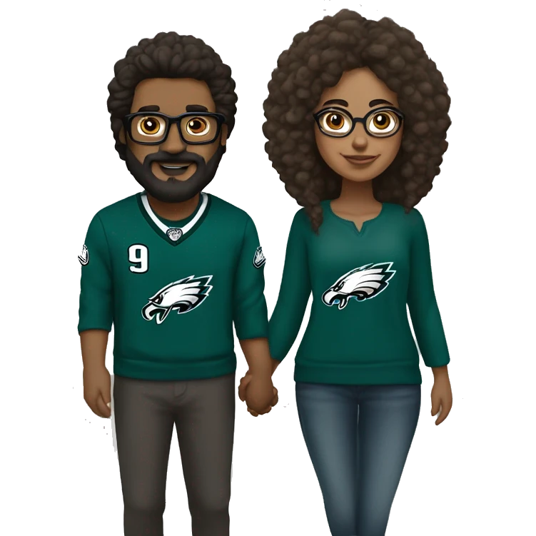 Stalky Brown guy with beard mustache and brown girl with glasses and her hair in a bun in Philadelphia eagles clothes holding hands emoji