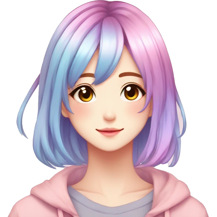 Gorgeous anime style shojo character with blushing face aesthetic and pretty colorful shiny gradient pastel hair with hair garment trending style emoji