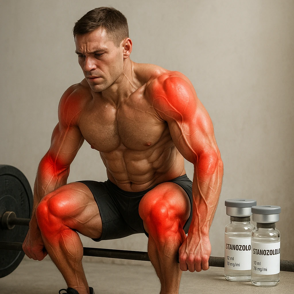 realistic and anatomical crossfit athlete with joints highlighted in red to show pain, detailed muscles, rigid posture, vials of 'Stanozololo' nearby, natural light, neutral background emoji