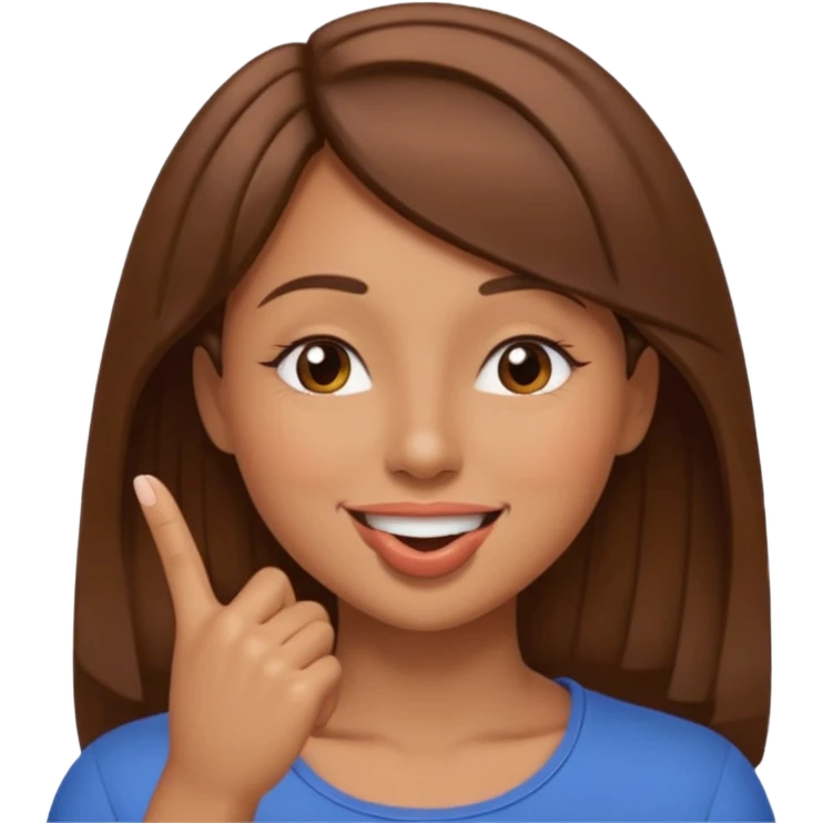 una mujer con un dedo en boca sonriendo y lps ojos en forma medio cerrados creando una curva de sonrisa pelo castaño emoji