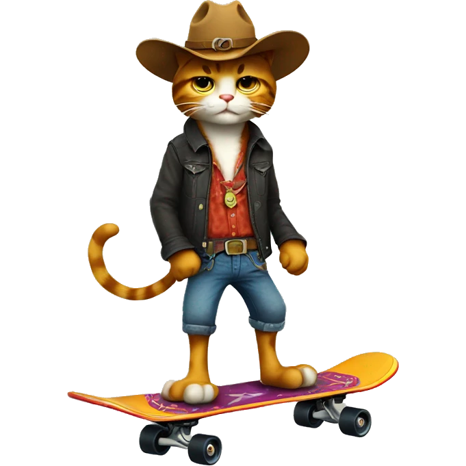 a cool cowboy cat on skateboard, lively emoji