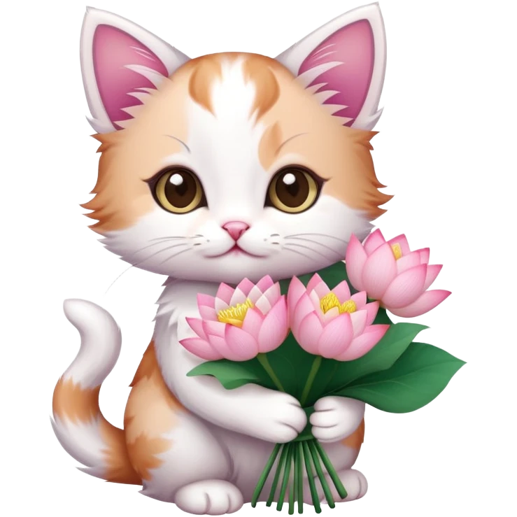 Kitten holding a bouquet of lotus flowers emoji