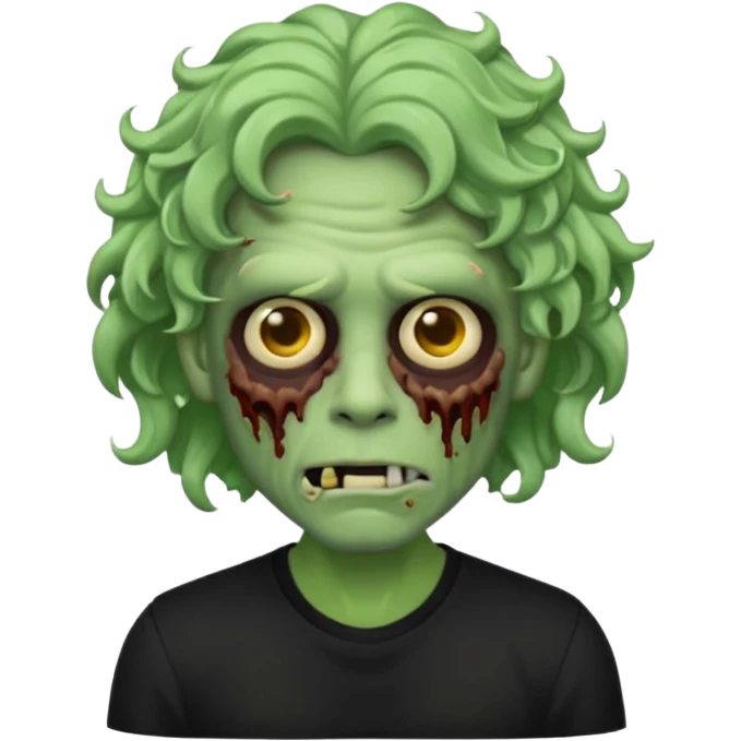 Emoji masculino de zumbi estilo iPhone,com cabelo ondulado grande, camisa preta e brincos emoji