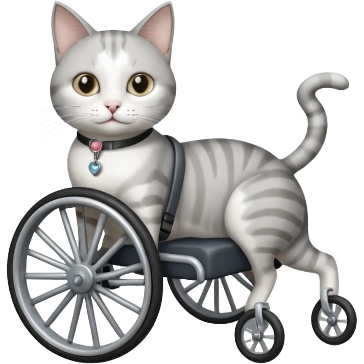 disabled grey and white cat using cat wheelchair emoji