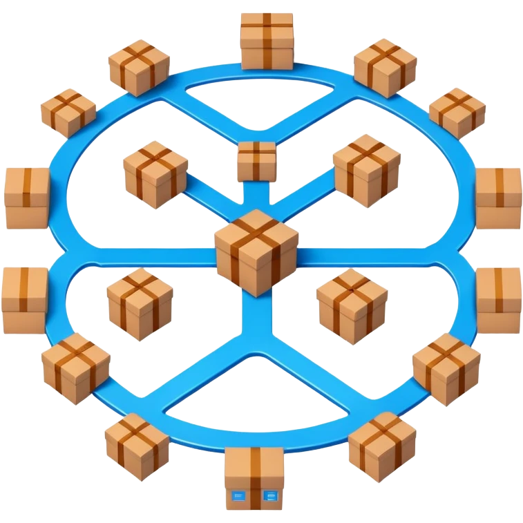 blue network in a circle form with brown packages at intersection points emoji