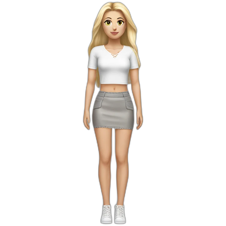hyperrealistic caucasian female, long straight blonde hair, white lace up crop top, grey mini tight skirt, body view emoji