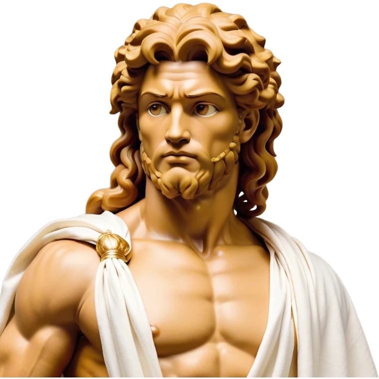 Cinematic Realistic Hercules Portrait, head tilted playfully and inquisitively, showcasing a blend of legendary power and youthful charm with the refined features of Michelangelo's David. His light tan, sculpted skin and thick, curly, golden brown hair—styled with wild majesty—evoke the spirit of the lion-wrestling Hercules. Clad in a softly draped white robe with subtle golden details and adorned with a Greek laurel wreath, his expressive eyes and warm smile capture an approachable yet formidable hero, bathed in gentle natural lighting. emoji