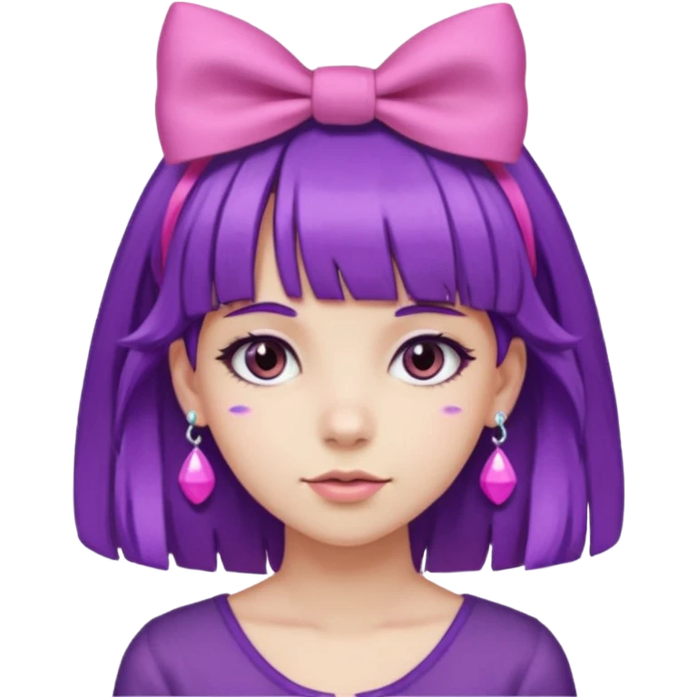 girl with bangs and purple hair and pink hairbow on the side of head and earrings emoji