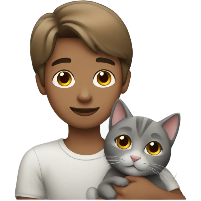 straight hair brown boy cuddling a grey cat emoji