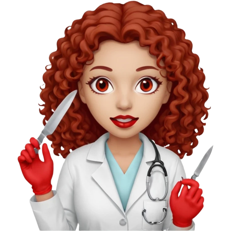 0Scary woman scalpel in hand, evil surgeon sexy surgeon clothes.  She has red eyes. Her  brown long curly hair. Wears sexy doctor outfit with red gloves. make her hair free and brown but she  wear mouth cover   to hide. Wears white surgeon jacket and  only   death long , long beown hair  emoji