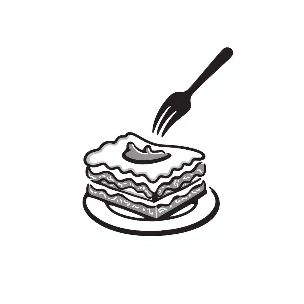 A hand-drawn plate of lasagna with a fork taking a bite, showing the layers emoji