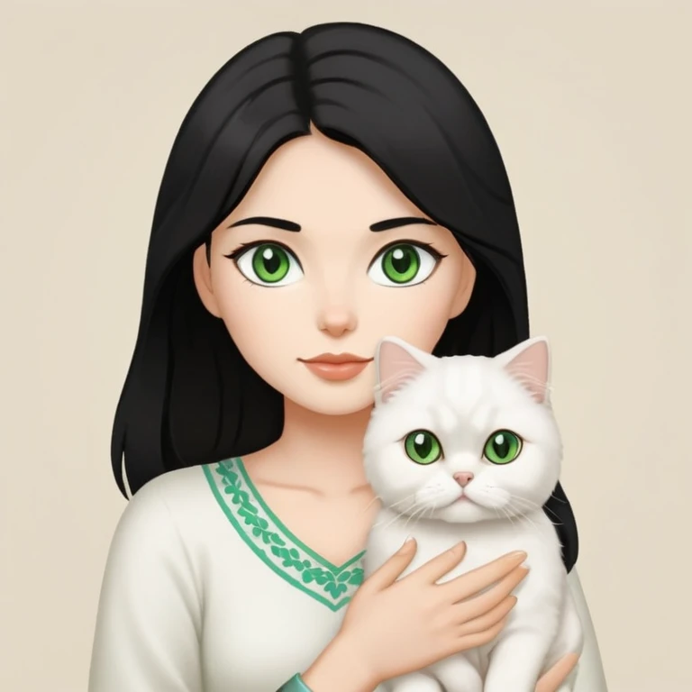 a middle length, black haired woman holding a white persian cat with green eyes emoji