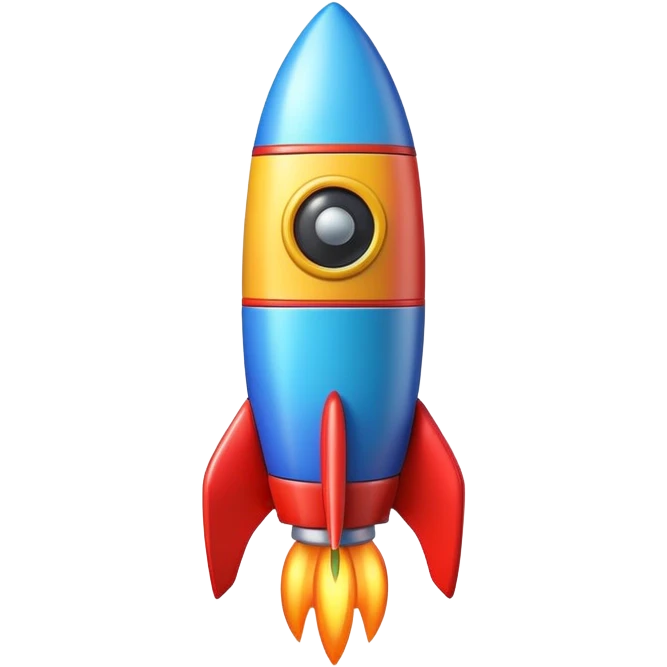 A colorful toy rocket with a cute happy face on its body emoji