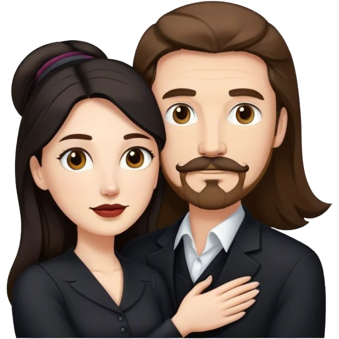 tall white man with brown hair goatee mustache embracing a pale woman with long black hair, wearing elegant clothing emoji