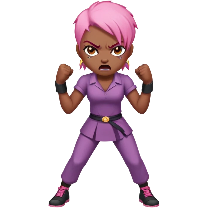 full body angry feminist with half bald head and half pink hair, extremely angry facial expression, fists clenched, aggressive stance emoji