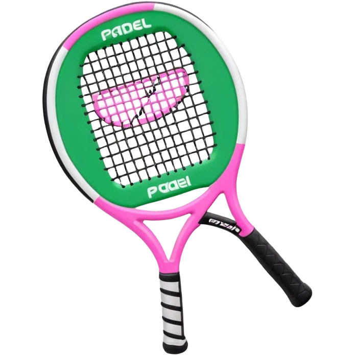 green padel racquet
with white frame
black grip
with a pink "p" in the middle
"padel in action academy" in white on top emoji