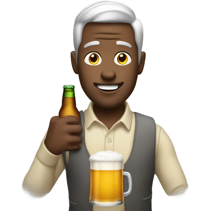 A happy white guy with a beer looking at a phone emoji