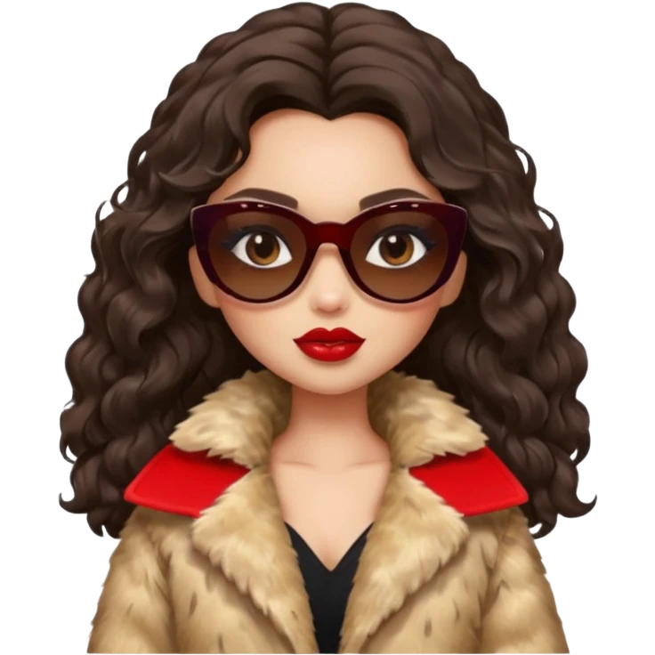 generate a pretty fair bratz girl with dark brown eyes, dark brown wavy hair, beige fur coat, black sunglasses, red lipstick. RICH emoji