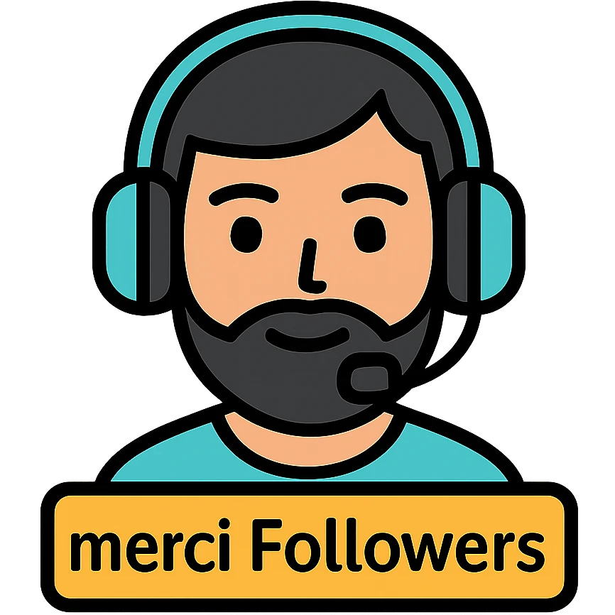 A person with black hair, brown eyes, black beard wearing a gaming headset "merci Followers" emoji