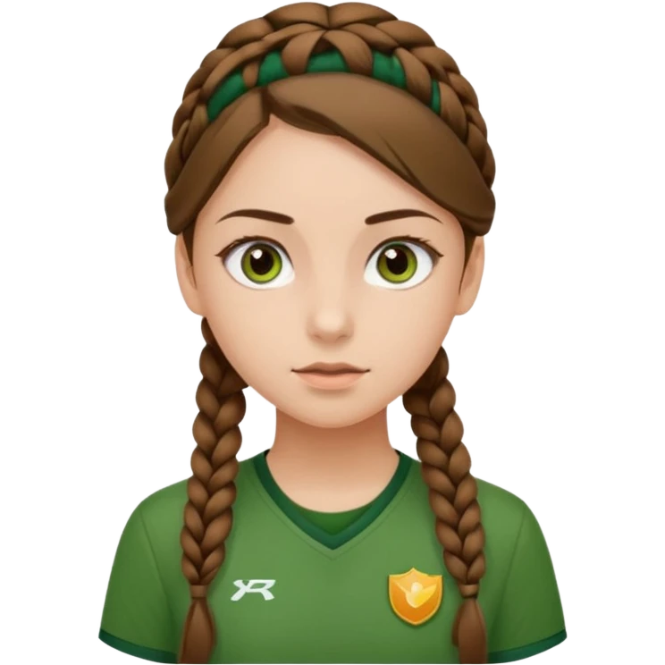 Kahverengi at kuyruklu ışıltılı bir örgülü kahverengi gözlü yeşil formalı içine yeşil atletli çekik gözlü bir kız emoji