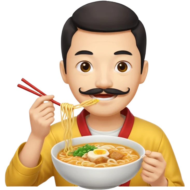 Chinese guy, yellow emoji, with long moustache smiling with ramen emoji