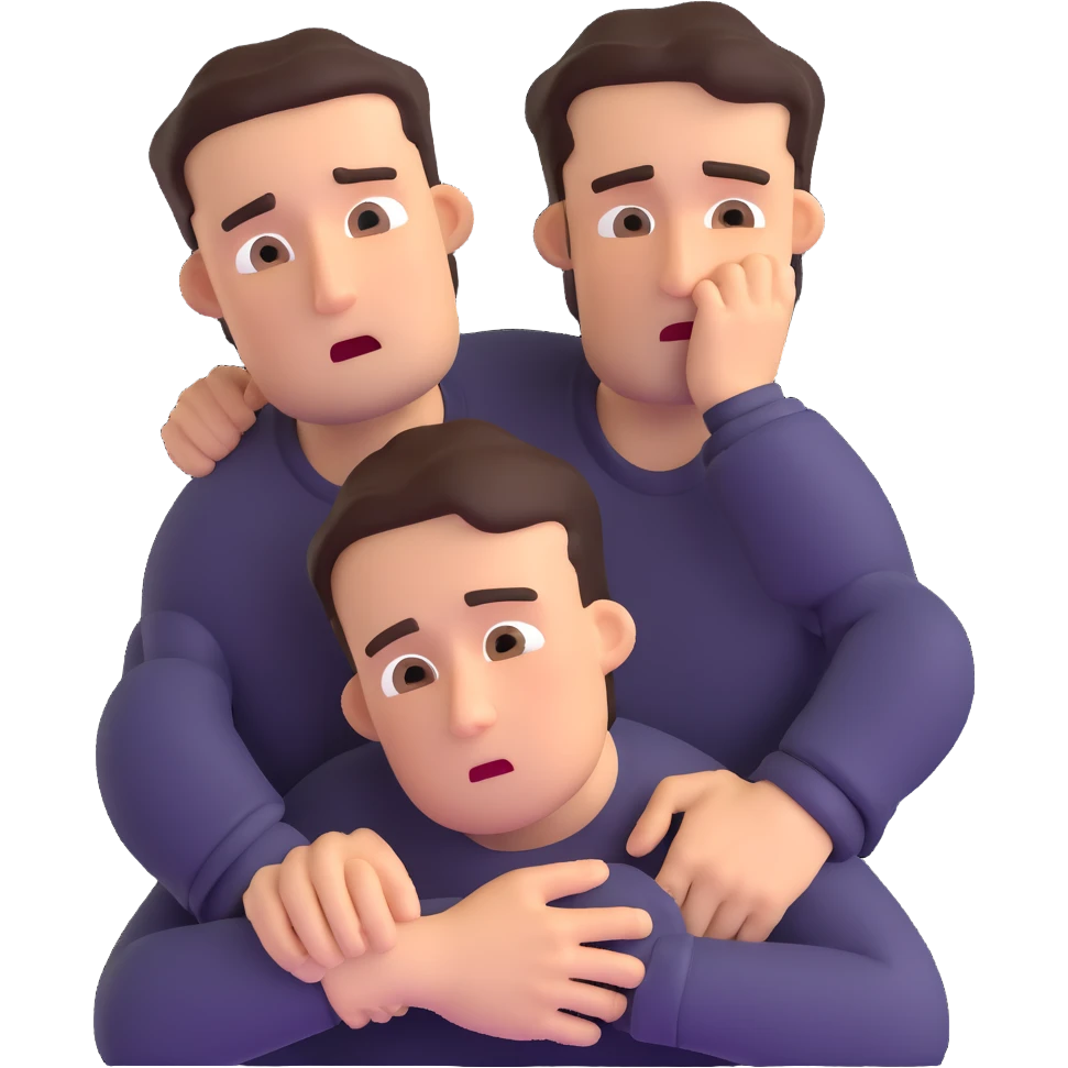 man with anxious attachment style clinging desperately to partner with worried expression and fear of abandonment emoji