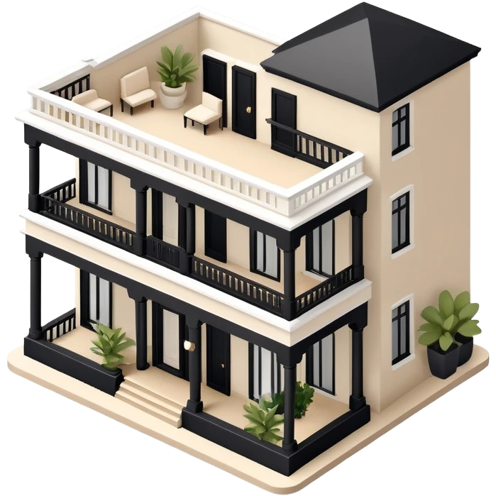 Isometric exterior little black, beige, and white hotel, elegant dollhouse style 3D realistic  emoji