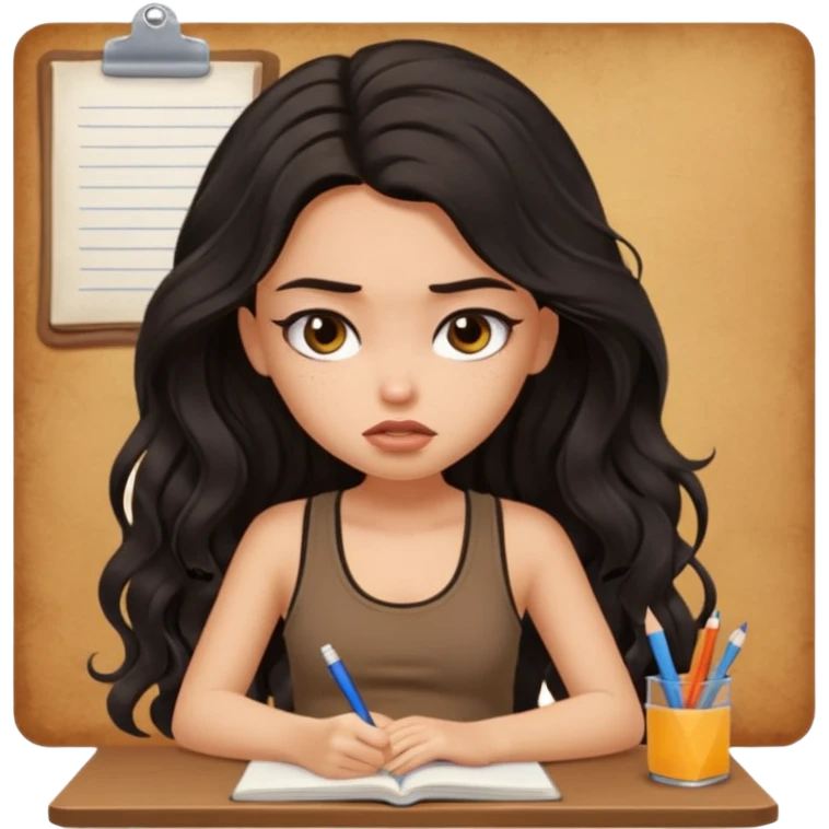 a pretty bratz light dusky girl with long wavy black hair in a brown tank top studying and lookinh tired emoji