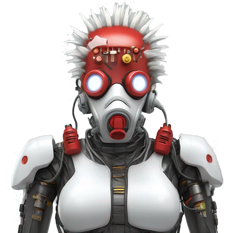 White Mohawk female cyborg head with red respirator mask and circuits emoji