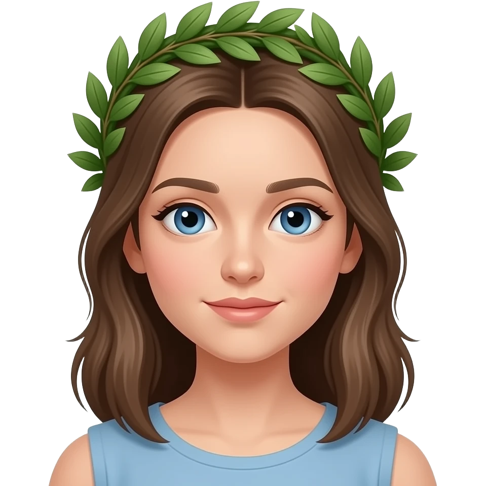 Ragazza occhi azzurri viso sottile corona di alloro sulla testa emoji