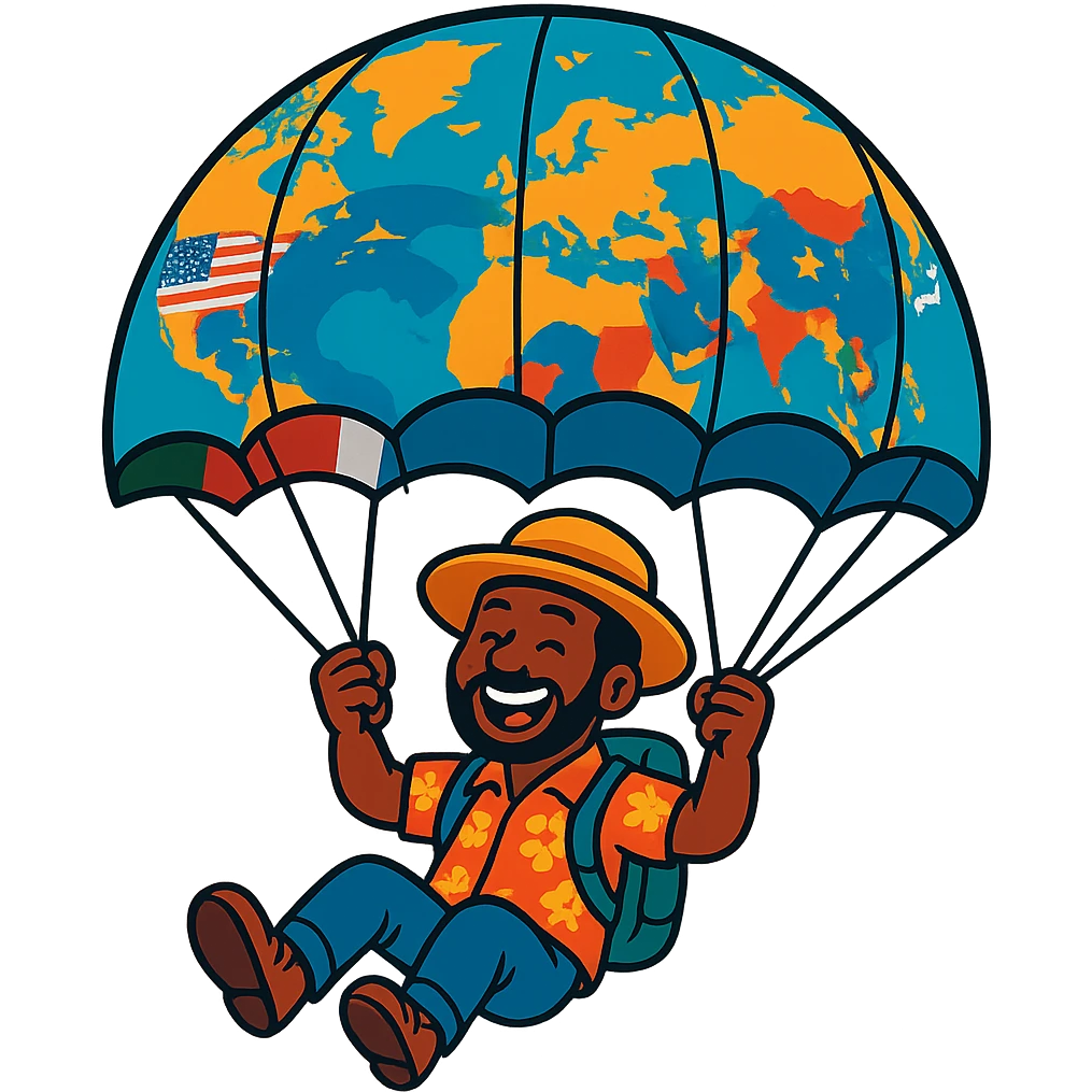 A happy tourist from cultural descent, parachuting with a world map parachute, modern style, vibrant colors, various country flags, detailed and expressive. emoji