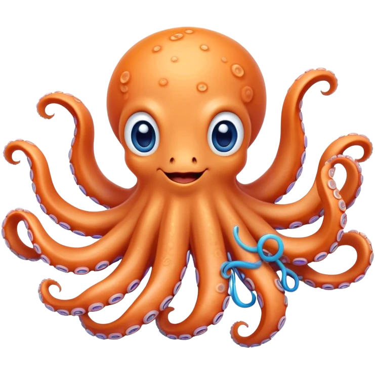 Cinematic Cute smiling Octopus Portrait Emoji, Head tilted playfully and inquisitively, featuring a rounded, light orange body embellished with playful blue rings, eight adorably curling arms, and big, twinkling eyes full of wonder, Simplified yet irresistibly adorable features, highly detailed, glowing with a warm, inviting underwater glow, high shine, affectionate and lively, stylized with a touch of whimsical cartoon charm, soft glowing outline, capturing the essence of a mischievous yet loving octopus that seems as if it could bob out of the screen into your arms! emoji