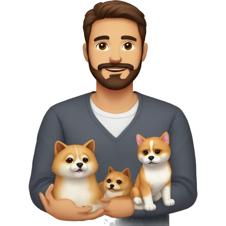 1 man spanish brown litle beard and 1 man darker from Colombia, 2 persian cats and 1 shiba inu dog emoji