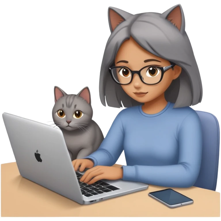 A girl is working on a laptop with a cat lying next to it emoji