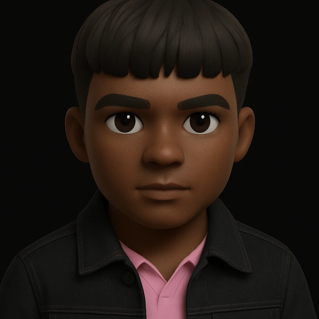 Make the face a bit darker, keep the confident expression and black denim jacket in 3d-emoji style emoji