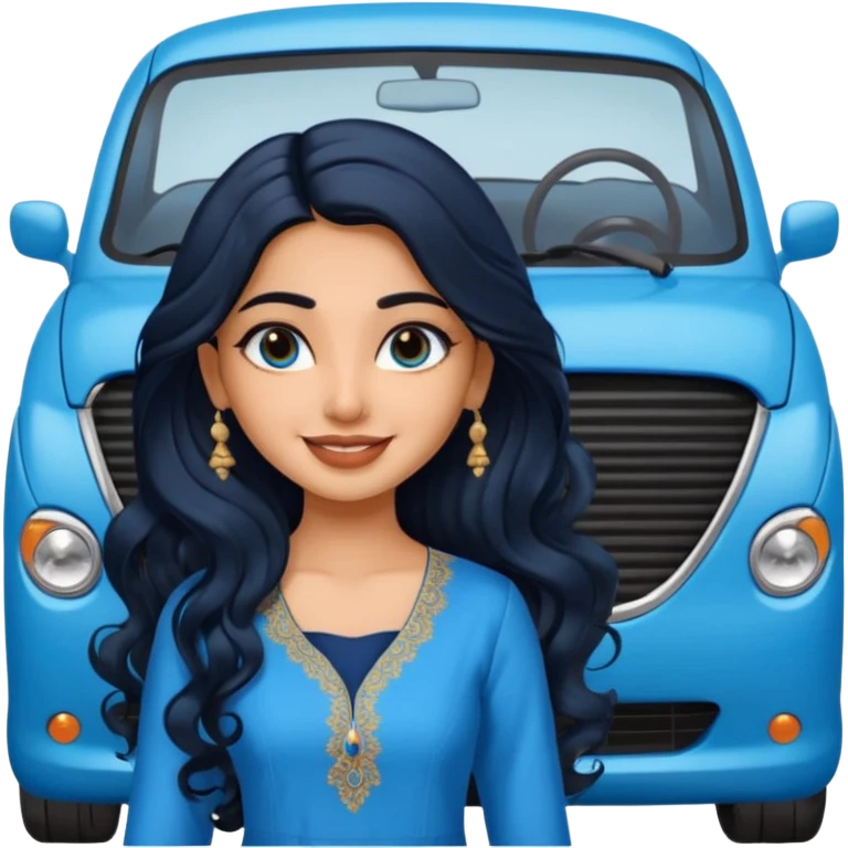 a pretty indian bratz girl with wavy long black hair, wearing a blue kurti, eyeliner on, indian auto behind her emoji