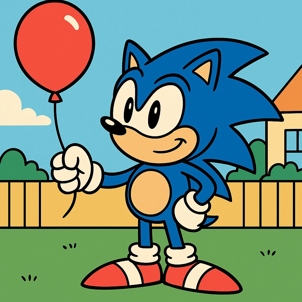 Edit the image to depict a blue hedgehog holding a red balloon in yellow toon style. emoji