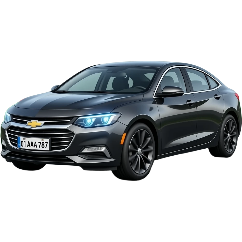 A realistic icon emoji of a metallic black sedan Chevrolet Malibu 2.0L Turbo Premier, wide shot, dark charcoal tint windows, black alloy 5-spoke rims, Dynamic sky blue glow LED headlights with glowing effect, uzbekistan flag region, number texts "🇺🇿 01 AAA 787" in plate, driving in the road way emoji