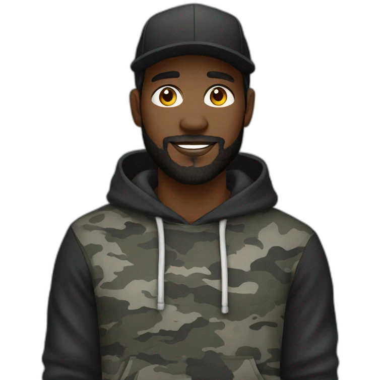 black man with a beard, gray camo hat, black pullover  hoodie emoji