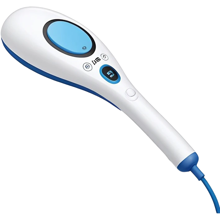 a white handheld massager with a rounded, padded head and a long handle. The handle features a blue accent area with a small black switch in the center, and a cord emerging from the bottom. The head is slightly larger than the handle and attached with a short blue neck emoji