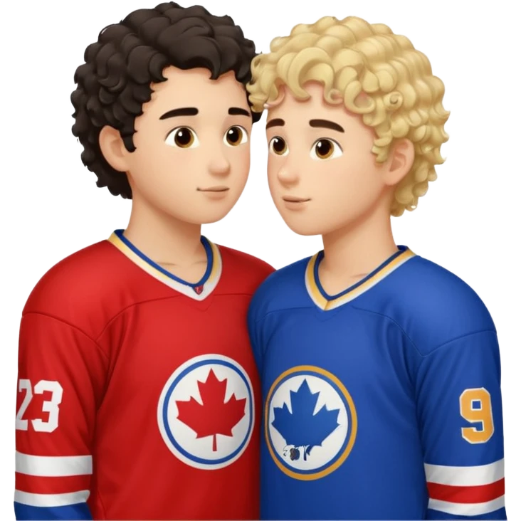 Dark hair boy hockey player kissing curly hair blonde hockey player boy emoji