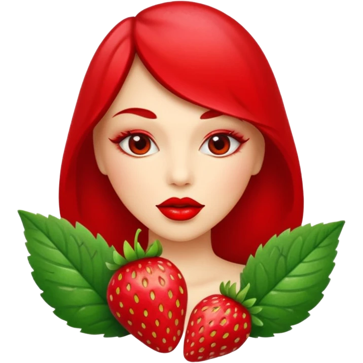 one strawberry 🍓 and red kiss 💋 fashioned stylish little emoji for “slay” reaction. subject. less details. lips with pattern of strawberry with leaf on top  emoji