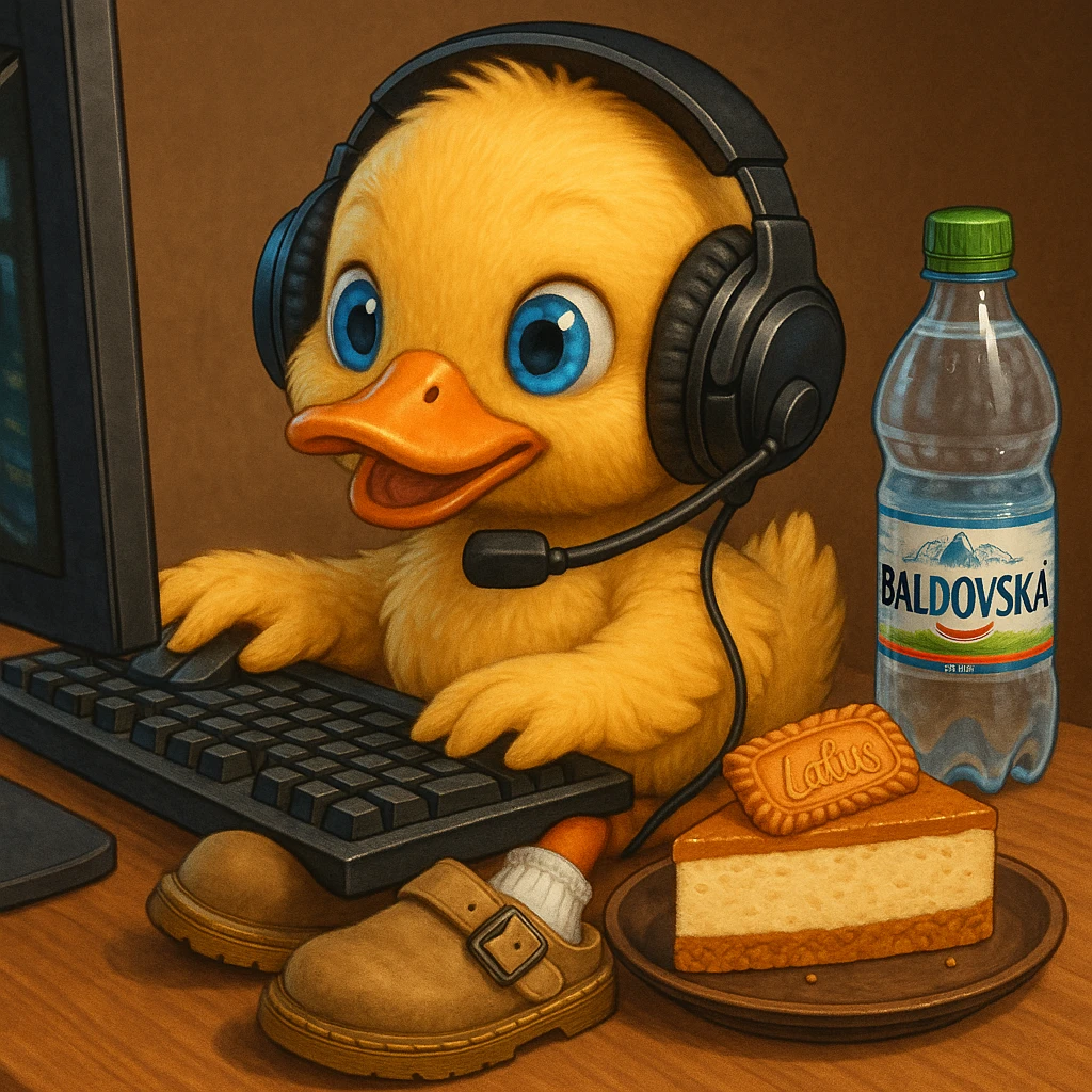 a small duck with blue eyes, playing games on a computer, wearing a headset, white socks, beige Dr. Martens Jorge slippers, drinking Baldovská mineral water, eating a Lotus cheesecake, detailed, vibrant emoji
