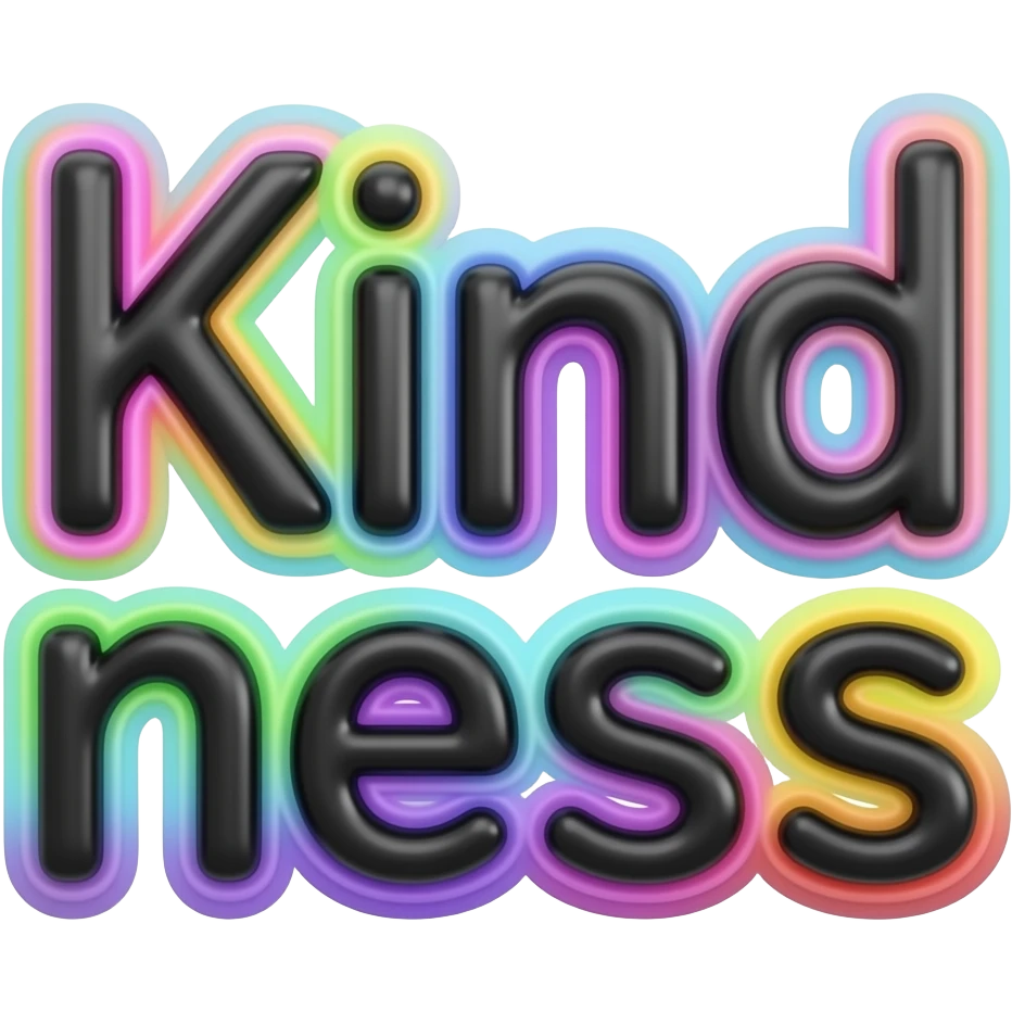 Word "Kindness" in black, 3D style typography lettering, with each neon pastel color as a layered effect outlined around each letter, isolated, 3d rendering, no emoji icons no emoji faces and must have no human figures emoji
