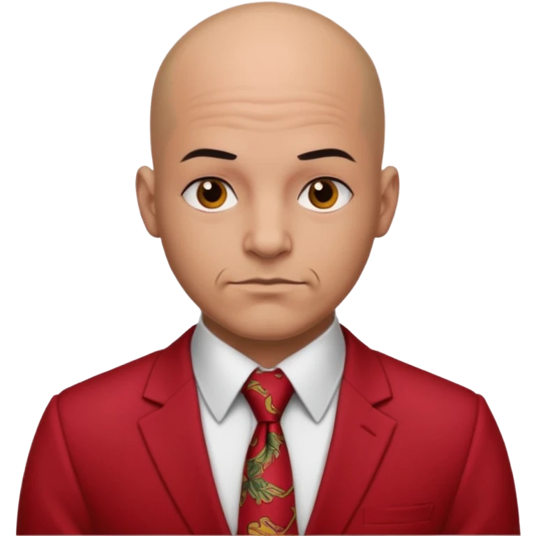 man Bald with red necktie, red dress, heavy tattoos. emoji
