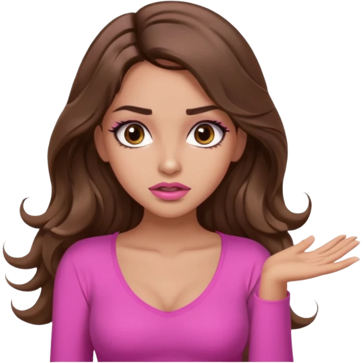 girl with long wavy brown hair, brown eyes, long lashes makeup, sexy pink lips, light to medium complexion, pink sexy top, shrugging with both hands, confused emoji