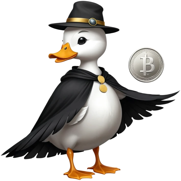 A cool duck wearing a black cloak with a silver coin in its wing emoji