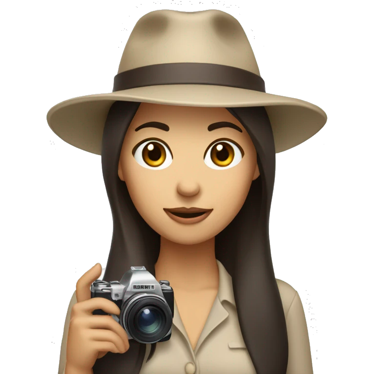 A woman with dark brown hair and a beige hat, winking with one eye and holding camera emoji