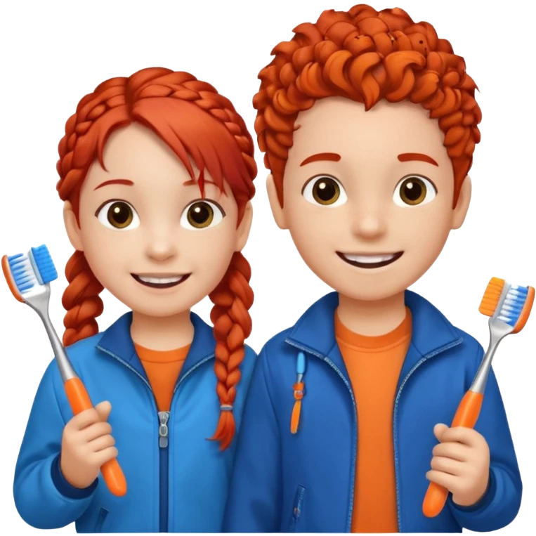 Two children smiling with toothbrushes in their hands. On the left is a girl with braided red hair, wearing a blue jacket and an orange shirt. On the right is a boy with curly black hair, wearing an orange shirt. Both are holding blue toothbrushes and look happy and healthy. emoji